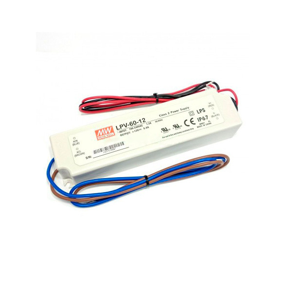 Fuente de alimentación para tiras LED Mean Well 60W 12VDC IP67. Mod. LPV-60-12