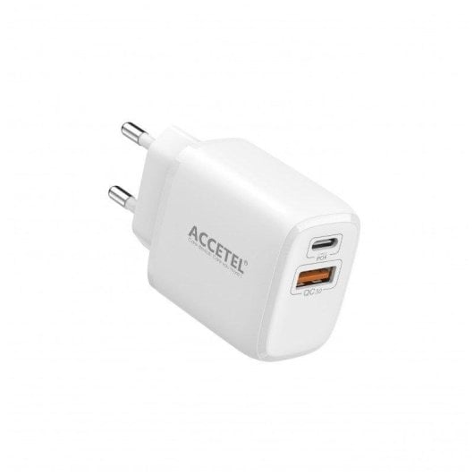 Cargador de pared Accetel carga rápida 25W QC 3.0 PD USB-C USB-A. Mod. AC550W