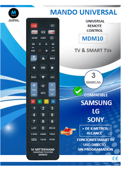 Mando a distancia compatible Samsung, LG y Sony. Mod. MDM10