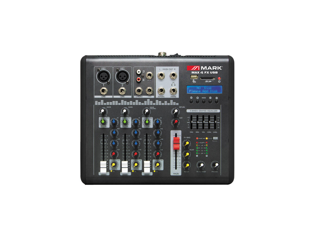 Mesa mezcla 2 canales + 1 estereo USB MARK. Mod. MIXER MAX 4 FX USB
