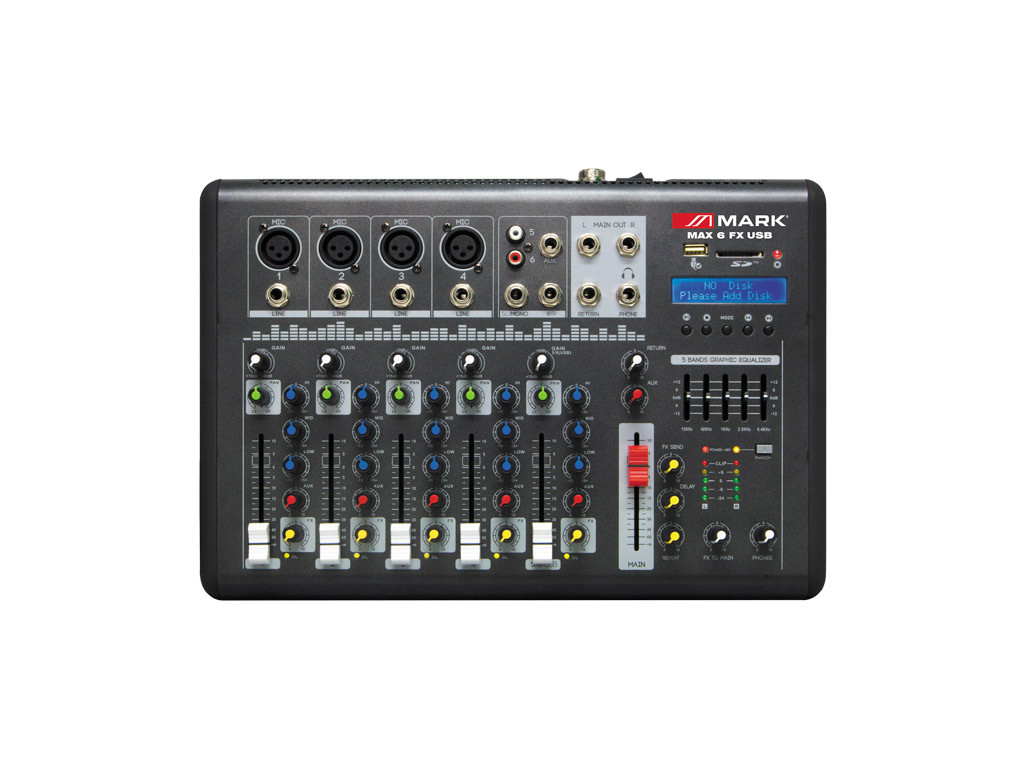 [MIXERMAX6FXUSB] Mesa mezcla 4 canales + 1Ch (st). Phantom USB/SD. Efectos. Mod. MAX 6 FX USB