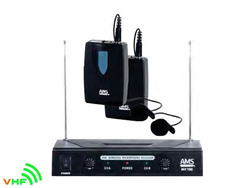 AMS MV100LV Doble microfono VHF inalambrico levalier
