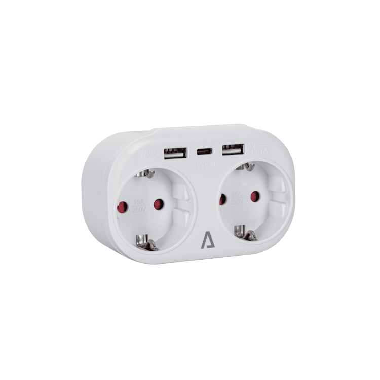 Adaptador clavija doble schuko 2P+TT 16A 2xUSB A + 1 USB C. Mod. ASFDUSB