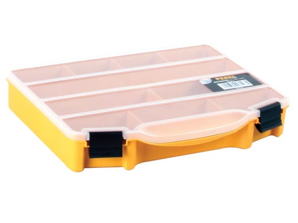 [OMR10VEL] Caja de almacenamiento, 10 compartimentos fijos, transparente, cubierta apilable, 251 x 200 x 44 mm, amarillo/negro. Mod. OMR10