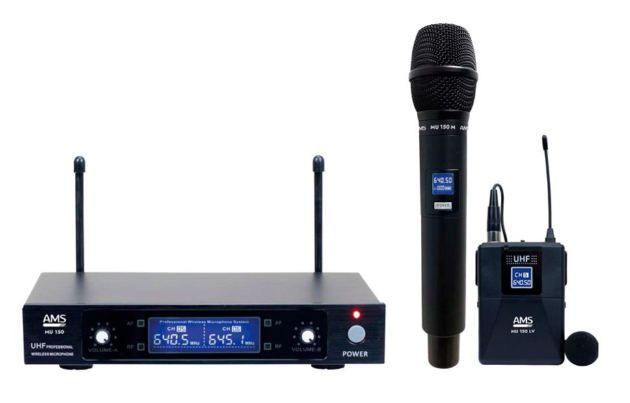 Sistema inalámbrico UHF. 2 canales. 1 petaca + 1 micro lavalier + 1 micrófono de mano. Mod. MU 155 LV M