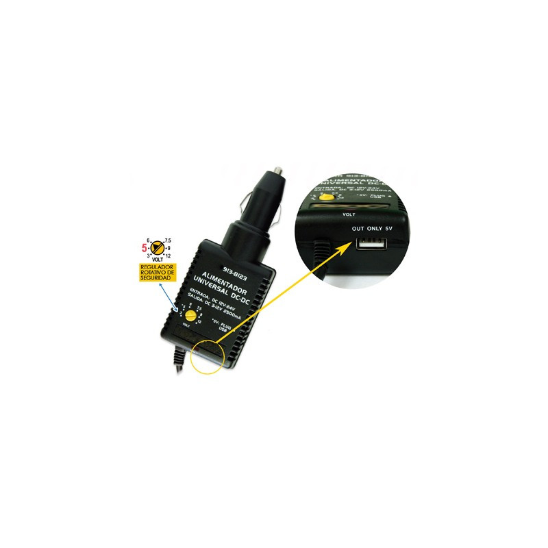 ALIMENTADOR DE AUTOMOVIL 2500mA CON USB. Mod. 913-8123