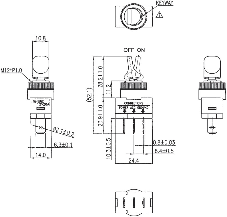 Interruptor palanca 2 posiciones OFF-ON 20A 12VDC rojo. Mod. R13-110B-01