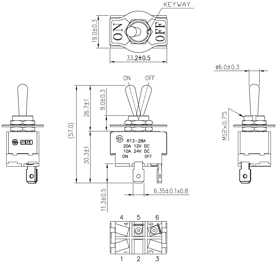 Interruptor de palanca 2 posiciones OFF-ON 20A/12VDC. Mod. R13-28A-01-HPH