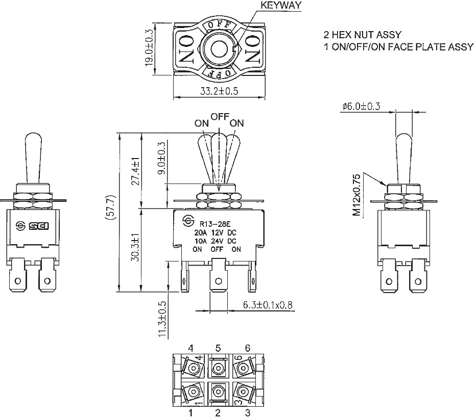 Interruptor de palanca 3 posiciones ON-OFF-ON 20A/12VDC. Mod. R13-28E-01-HPH
