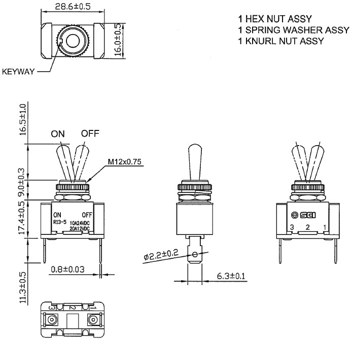 [R13501HWR] Interruptor de palanca 2 posiciones OFF-ON 20A/12VDC. Mod. R13-5-01