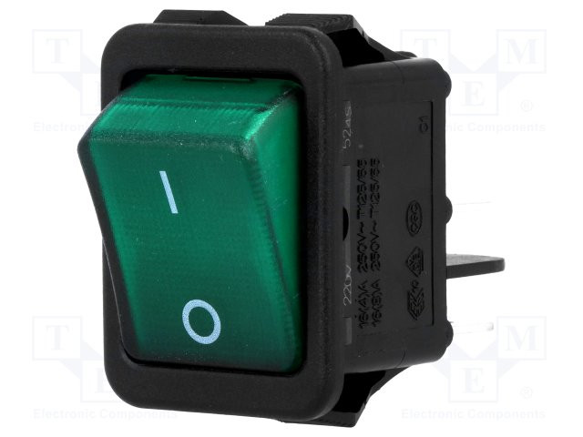 Interruptor rocker 2 Posiciones OFF-ON 16A/250VAC verde 20mΩ. Mod. 0957V