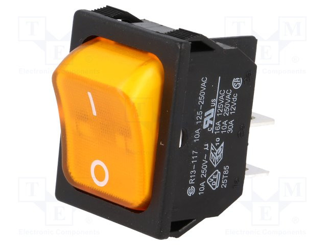 Interruptor rocker 2 Posiciones OFF-ON 10A/250VAC amarillo 50mΩ. Mod. R13-117B-01-BY-2D-N-2