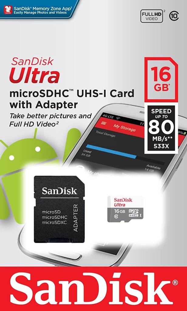 [SDSQUNS016GGN3MA] Tarjeta memoria micro SD 16GB SANDISK CLASE 10 SDHC + ADAPTADOR. Mod. SDSQUNS-016G-GN3MA