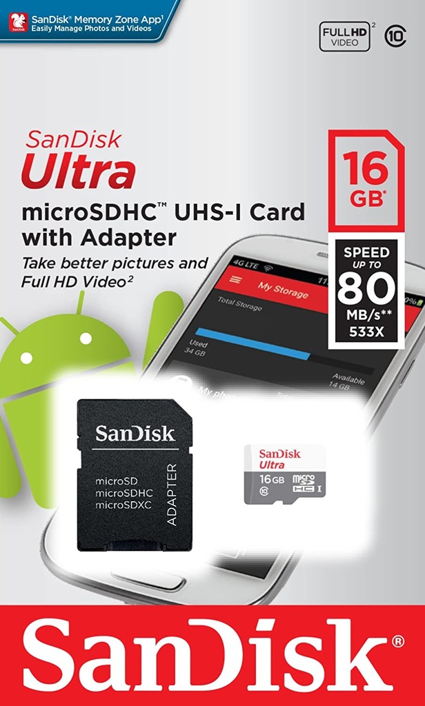 Tarjeta memoria micro SD 16GB SANDISK CLASE 10 SDHC + ADAPTADOR. Mod. SDSQUNS-016G-GN3MA