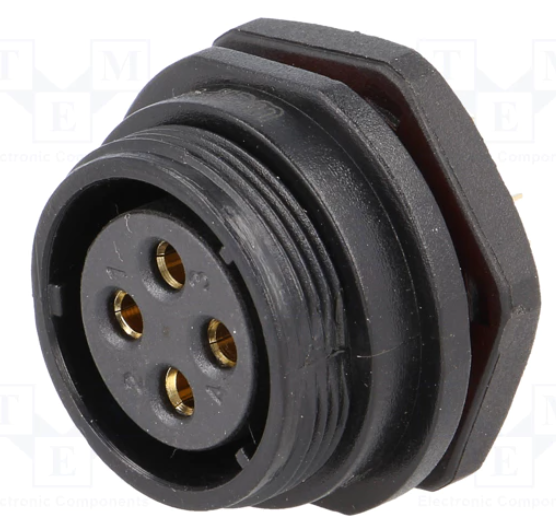 Conector hembra chasis SP21 4 pin IP68 para soldar 500V 30A. Mod. SP2112/S4