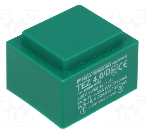 Transformador encapsulado 230V AC a 2X9V AC 4VA 2X0.22A. Mod. TEZ4/D/9-9V