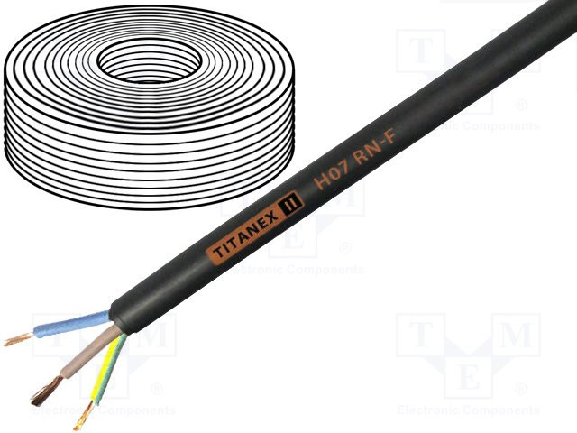 Cable H07RN-F Cu 2G1,5mm2 goma negro 450/750V Clase:5. Mod. TITANEX2X1.5