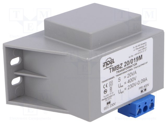 Transformador cerrado 20VA 400VCA 230V 0,08A. Mod. TMBZ20/019M