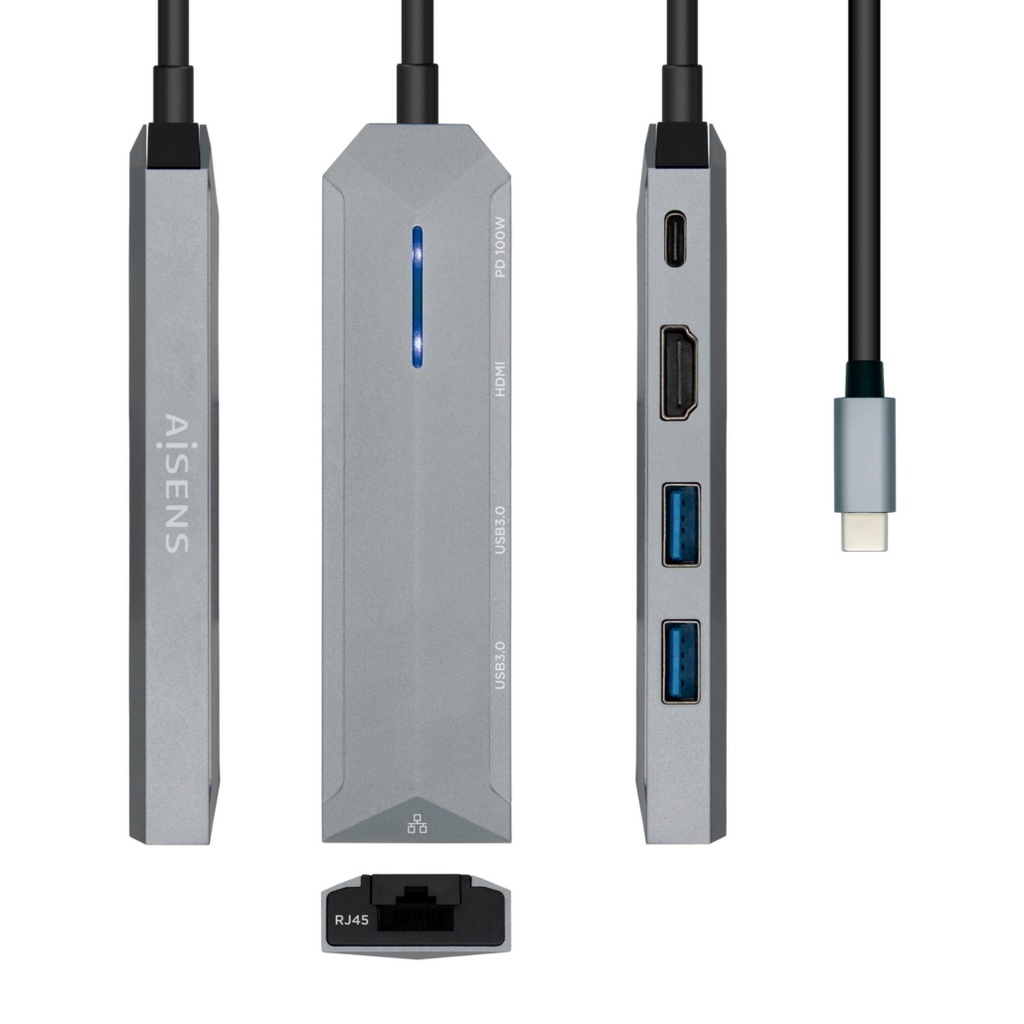 [ASUC5P003GR] Hub USB C Dock 5 en 1 USB-C a 1xHDMI, 1xRJ45, 2xUSB, 1xPD, Gris, 15 CM. Mod. ASUC-5P003-GR