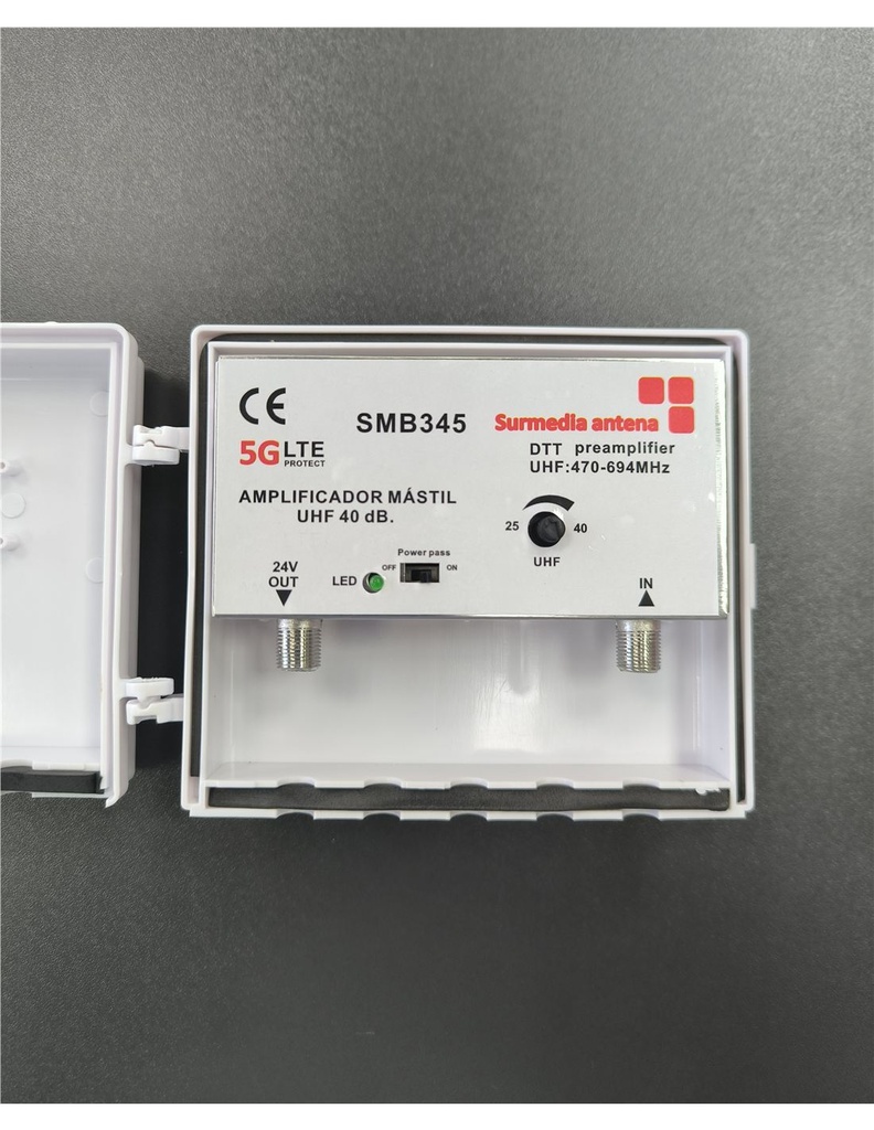 Amplificador de mástil 40dB con 1 entrada UHF filtro LTE 5G. Mod. SMB-345