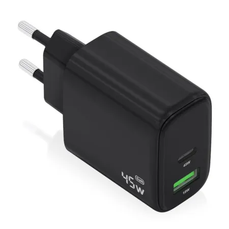 Cargador carga rápida GaN 45W 1xUSB-C PD3.0 QC4.0, 1xUSB-A QC3.0, Negro. Mod. A110-0972
