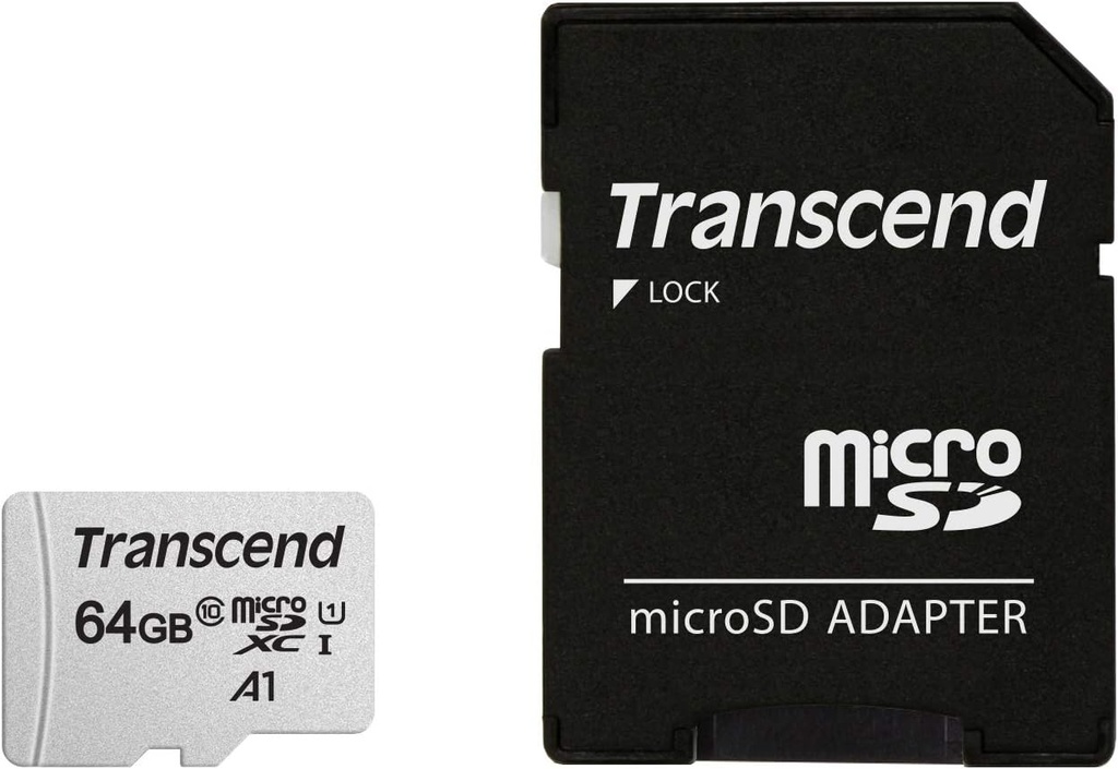 Tarjeta microSD Transcend 64 GB c/ adaptador class 10. Mod. TS64GUSD300S