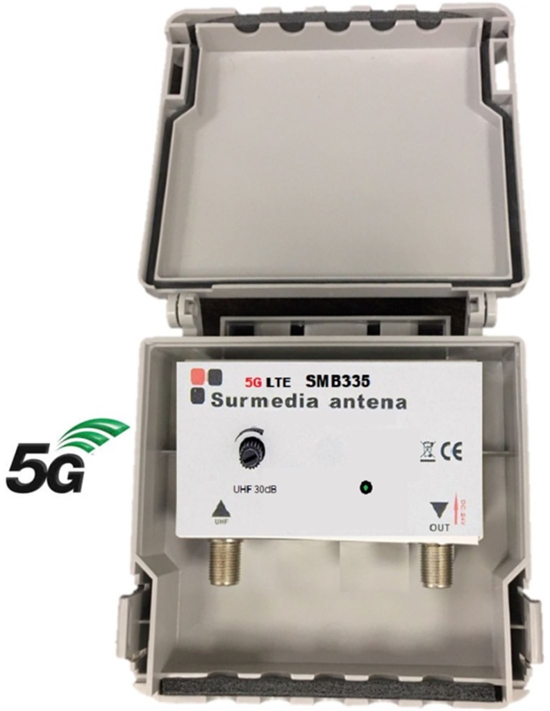 Amplificador de Mástil 30db filtro 5G Surmedia. Mod. SMB-335