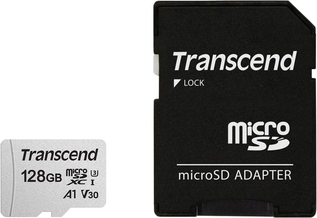 Tarjeta microSD Transcend 128 GB c/ adaptador class 10. Mod. TS128GUSD300S