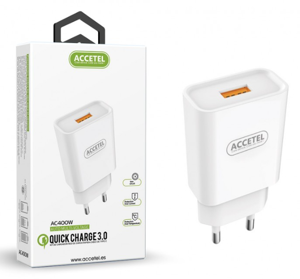[AC400WSUR] Cargador De Pared Carga Rápida QC3.0 18W Blanco. Mod. AC400W