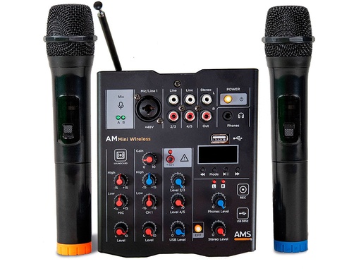 [AMMINIWIRELESS] Mezclador de 5 canales con USB/Bluetooth y 2 mic. de mano inalámbricos. Mod. MXW5