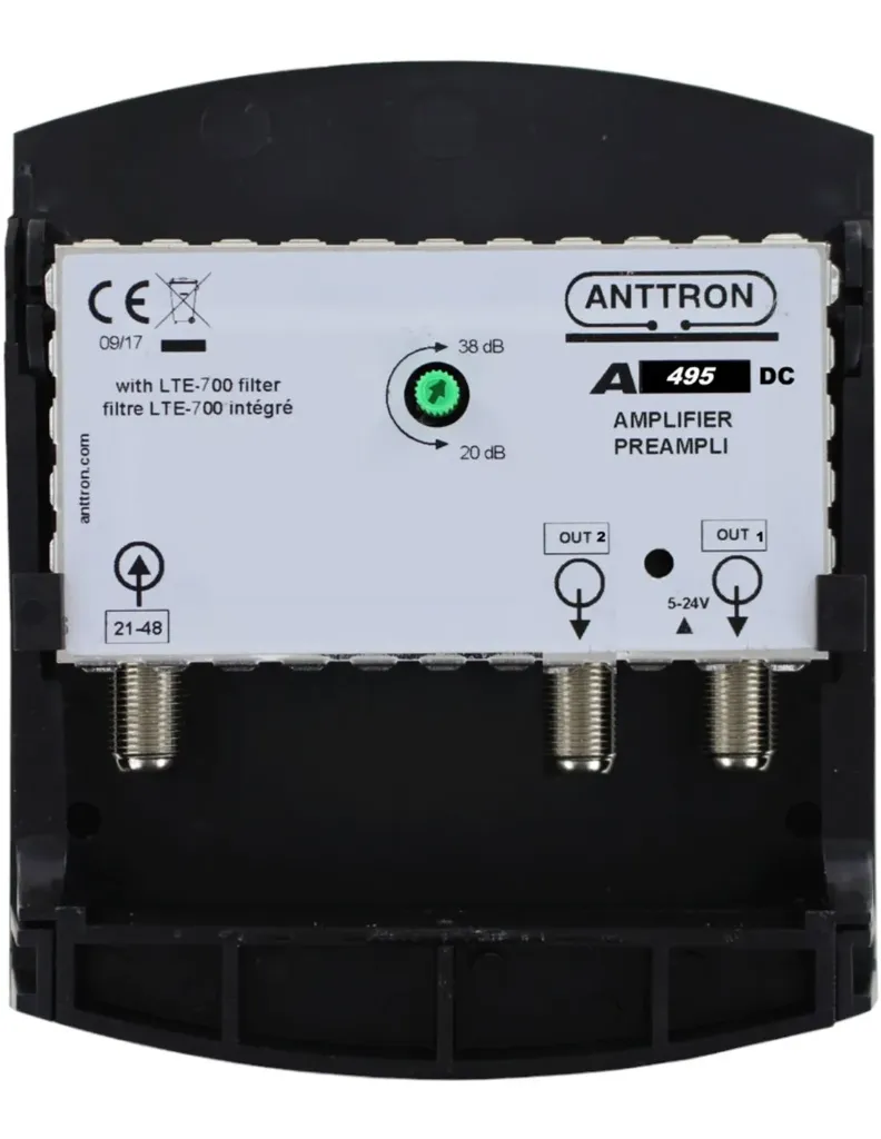 Amplificador de mástil 1 entrada 2 salidas 38dB filtro 5G. Mod. SMA495DC
