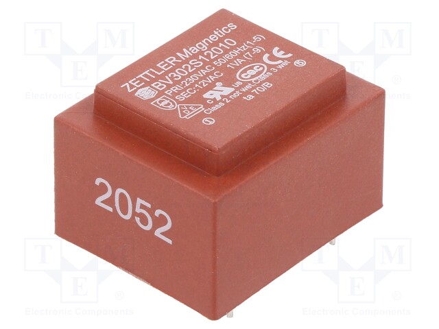 Transformador encapsulado 1.5VA 230VAC 12VAC 125mA PCB. Mod. BV302S12015ZU