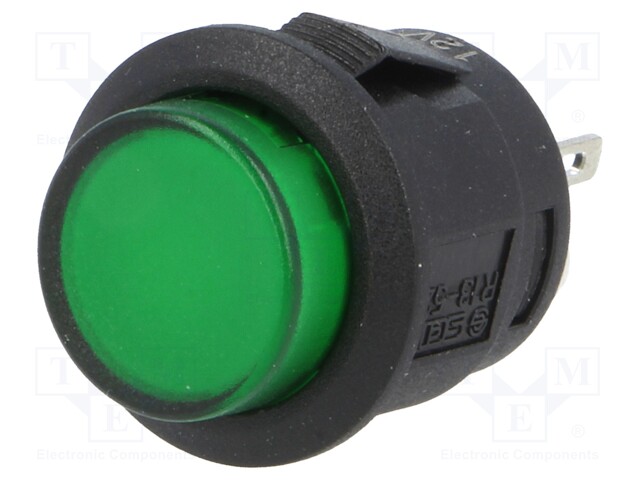 Pulsador interruptor redondo LED verde 12VDC 1,5A/250VCA. Mod. R13-523BL-05-BGL1