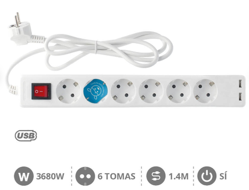 [100000001GSC] Base múltiple 6T + 2 USB + Int. (3x1.5mm) 1,4M Blanca. Mod. 100000001