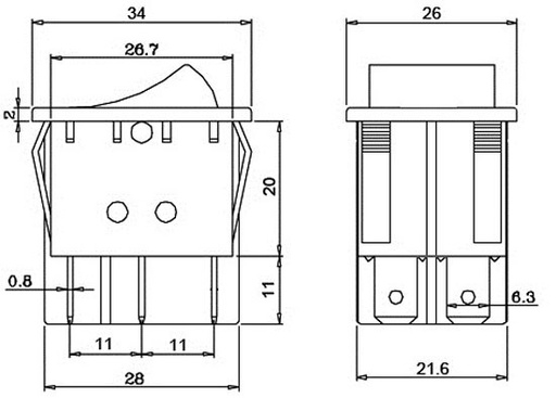 [3818VELG] INTERRUPTOR LUMINOSO 6P. (DPDT) ON- ON, 250V. 10A, COLOR VERDE. Mod. 3818V