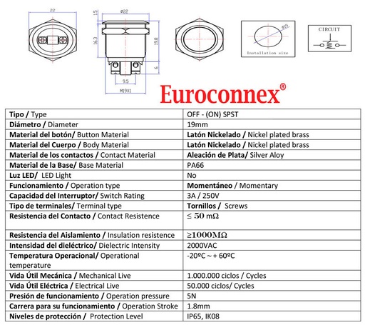 [4186ELG] Pulsador Anti-vandálico OFF-(ON) SPST Plano. Mod. 4186
