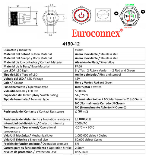 [419012ELG] Interruptor Anti-vandálico, OFF-ON, 2 Leds Rojo/Verde 12V y Símbolo. Mod. 4190-12