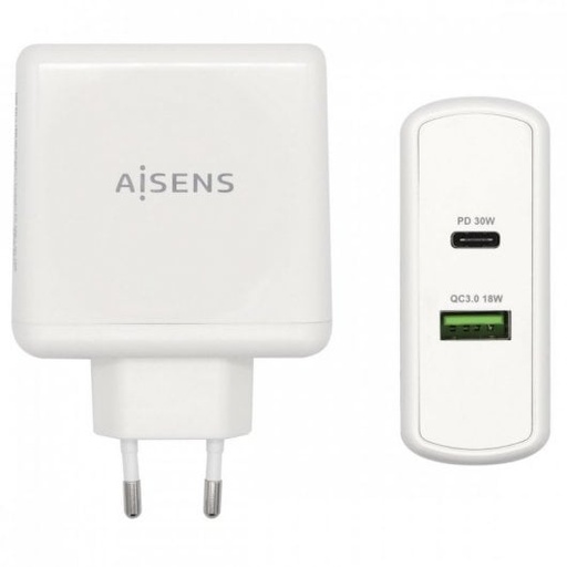 [ASCH2PD30QCW] Cargador PD3.0 48W 1xUSB-C 1xUSB 2.0 Aisens. Mod. ASCH-2PD30QC-W