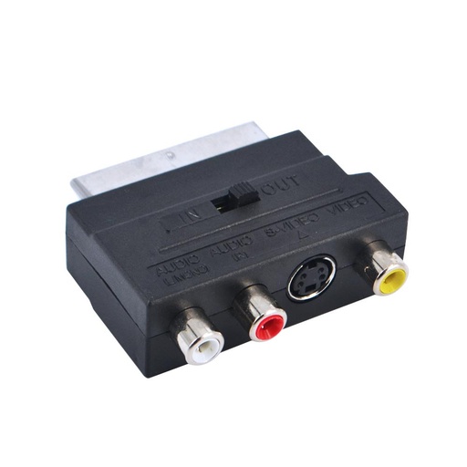 [92210VDR] Conector Adaptador euroconector macho a 3 RCA + MINI-DIN 4C. (S-Video) con conmutador IN/OUT. Mod. 92-210