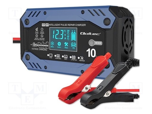 [QOLTEC52482] Cargador de baterías inteligente 12V 24V plomo GEL Li-FePO4 10A. Mod. 52482