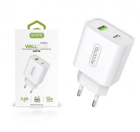 [A1100681] Cargador De Pared Con Puertos Type-C+USB 2.4A Accetel. Mod. AC520W