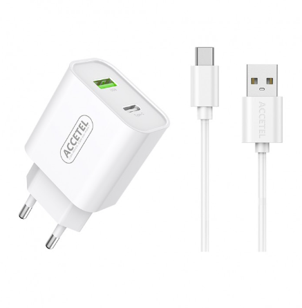 [AC527SUR] Cargador De Pared Con Puertos Type-C+USB 2.4A - Cable Type-C Accetel. Mod. AC527
