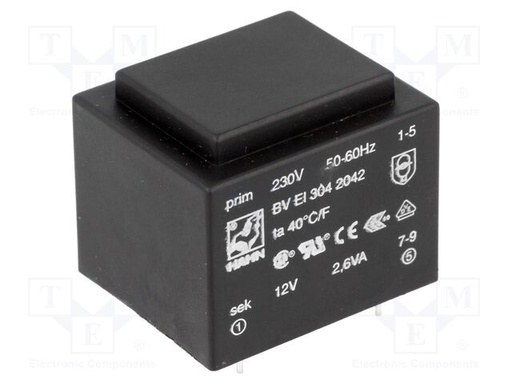 [BVEI3042042] Transformador encapsulado 2.6VA 230VAC a 12VAC 217mA PCB. Mod. BVEI3042042