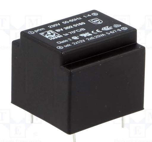 [BV2020160TME] Transformador encapsulado 0.5VA 230VCA 2x12V 2x21mA. Mod. BV 202 0160