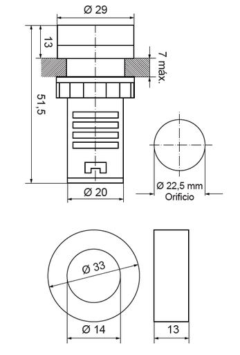[FC22AMPA] Piloto amperímetro digital (tras cuadro) Ø 22,5 mm 48 - 380 VAC ámbar. Mod. PA22