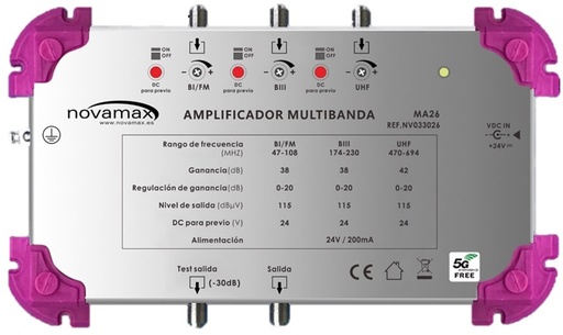 [NV033026SUR] Central amplificador multibanda 3 entradas 42dB Novamax. MA26