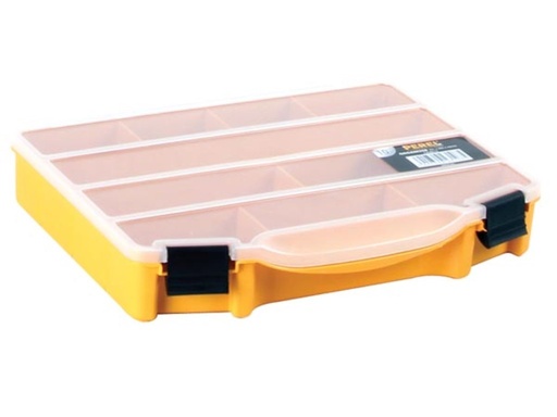[OMR10VEL] Caja de almacenamiento, 10 compartimentos fijos, transparente, cubierta apilable, 251 x 200 x 44 mm, amarillo/negro. Mod. OMR10