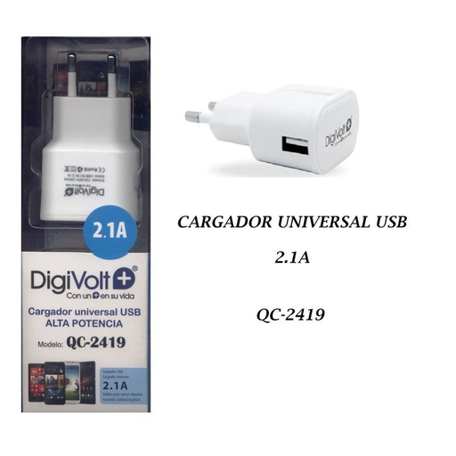 [QC2419] Cargador USB Universal 2100 ma Digivolt. Mod. QC-2419