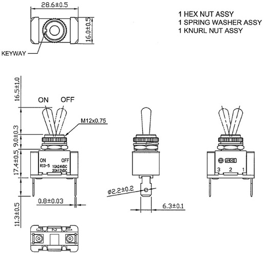 [R13501HWR] Interruptor de palanca 2 posiciones OFF-ON 20A/12VDC. Mod. R13-5-01