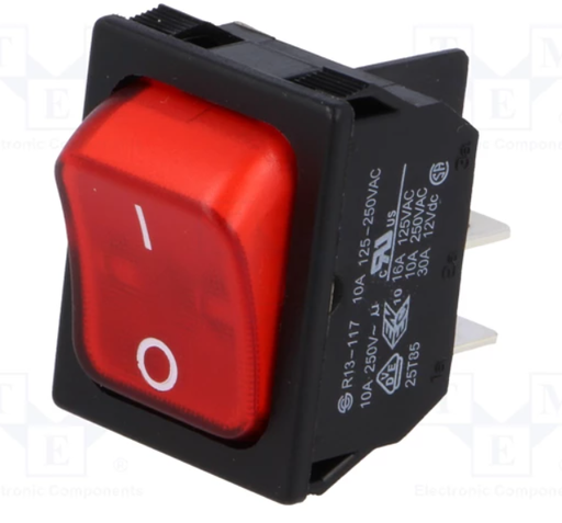 [RS13117BBR2N2] Interruptor rocker 2 Posiciones OFF-ON 10A/250VAC rojo 50mΩ. Mod. R13-117B-01-BR-2D-N-2